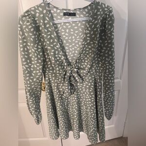 Light Green Tie Front Long Sleeve Mini Dress